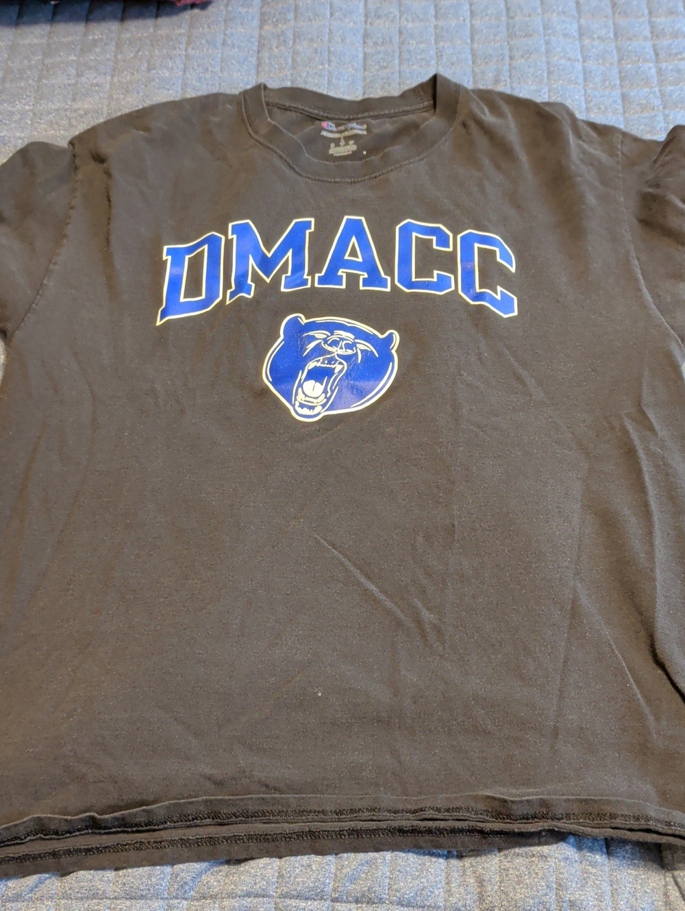 Champion Black Short-Sleeve Tee with Blue DMACC Lettering and Bear Graphic